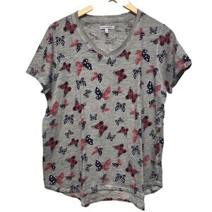 Sunsets & Sweet Tea Womens Tee Shirt L Patriotic Butterfly Gray V-Neck